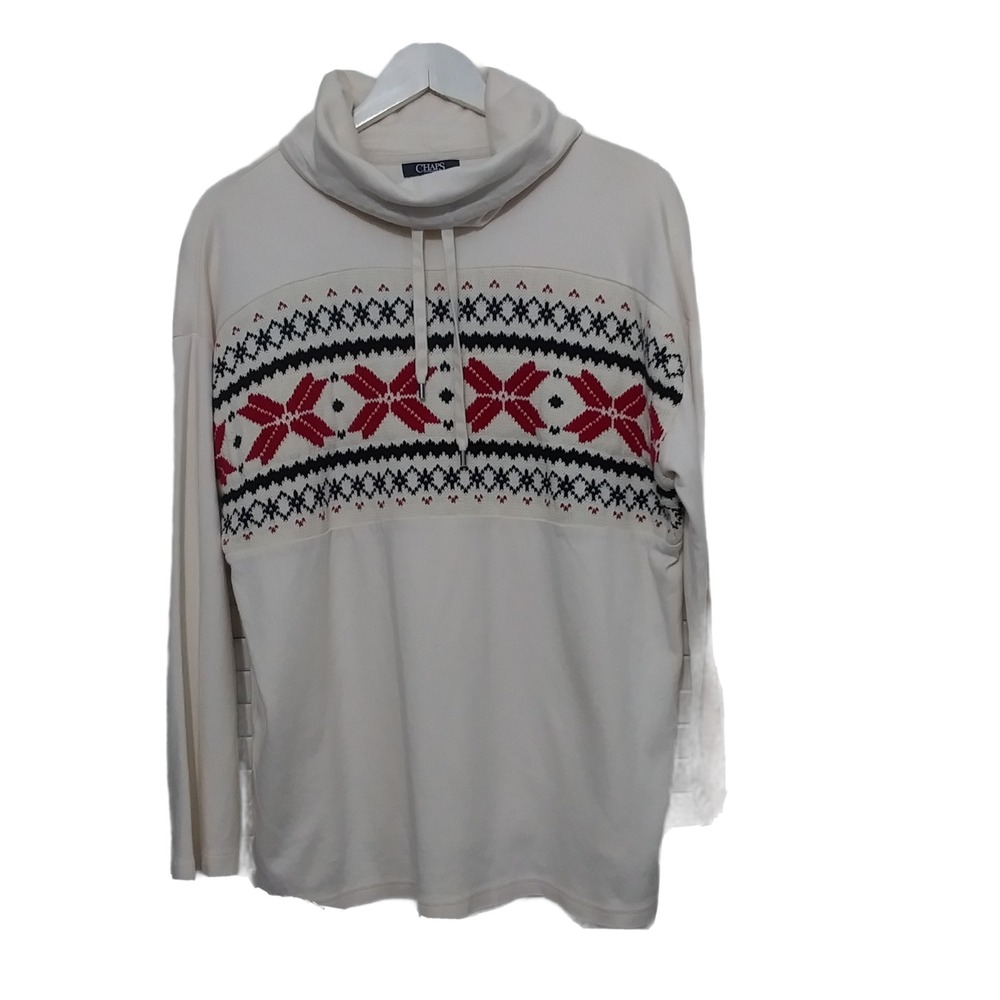 Chaps Womens Cream Fair Isle Cowl Neck Cotton Pullover Top Large Red Black